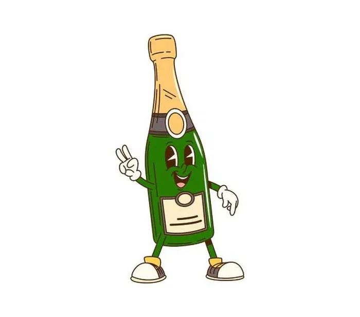 Framed Print : Cartoon groovy champagne bottle character flashing a peace sign Framed Print : Cartoon groovy champagne bottle character flashing a peace sign