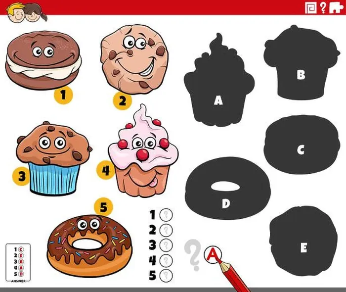 Framed Print : Cartoon illustration of finding the right shadows to the pictures educational game with sweet food characters Framed Print : Cartoon illustration of finding the right shadows to the pictures educational game with sweet food characters