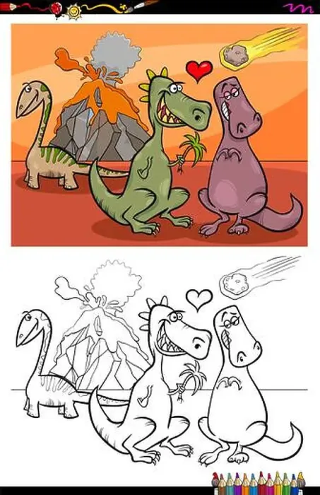 Framed Print : Cartoon Illustration of Funny Dinosaurs Characters in Love Coloring Book Activity Framed Print : Cartoon Illustration of Funny Dinosaurs Characters in Love Coloring Book Activity
