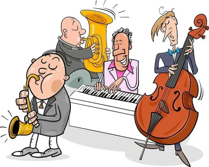 Framed Print : Cartoon Illustration of Jazz Musicians Band Playing a Concert Framed Print : Cartoon Illustration of Jazz Musicians Band Playing a Concert