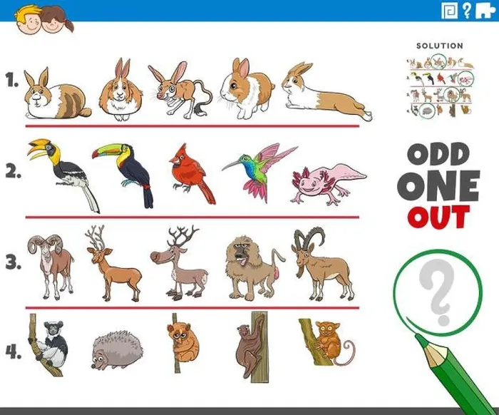 Framed Print : Cartoon illustration of odd one out picture in a row educational task for children with comic animal characters Framed Print : Cartoon illustration of odd one out picture in a row educational task for children with comic animal characters