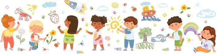 Framed Print : Cartoon kids drawing on wall, creative children draw with pencils or paint. Preschool characters painting colorful pictures vector illustration Framed Print : Cartoon kids drawing on wall, creative children draw with pencils or paint. Preschool characters painting colorful pictures vector illustration