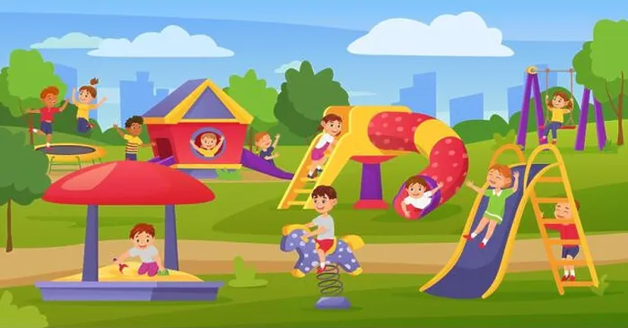 Framed Print : Cartoon kids playing on playground in summer park or kindergarten Framed Print : Cartoon kids playing on playground in summer park or kindergarten