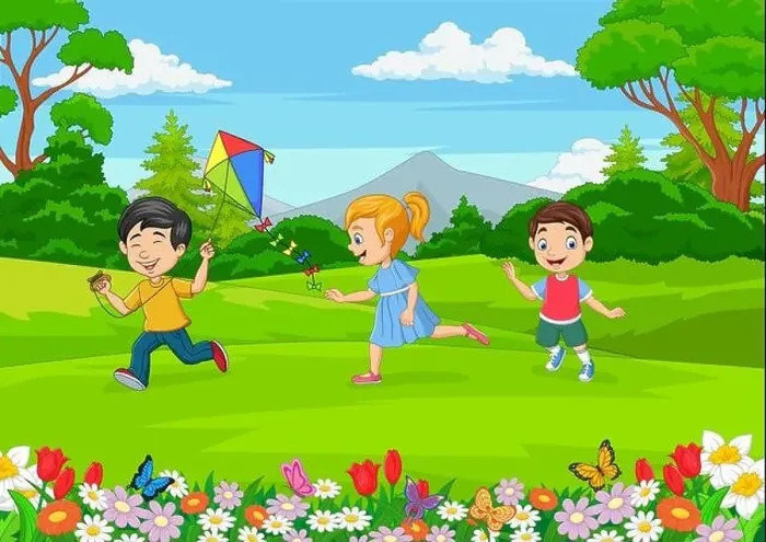 Framed Print : Cartoon little kids playing in the garden Framed Print : Cartoon little kids playing in the garden