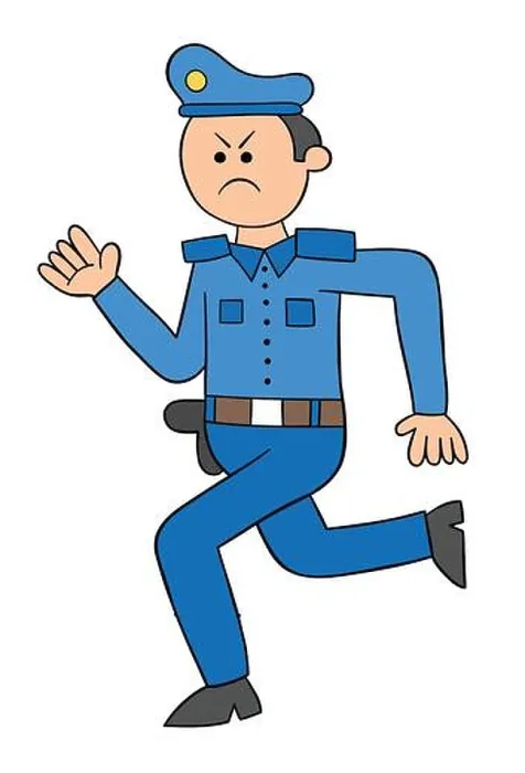 Framed Print : Cartoon police angry and running, vector illustration. Colored and black outlines Framed Print : Cartoon police angry and running, vector illustration. Colored and black outlines