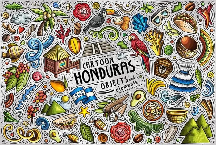 Framed Print : Cartoon vector doodle set of Honduras traditional symbols, items and objects