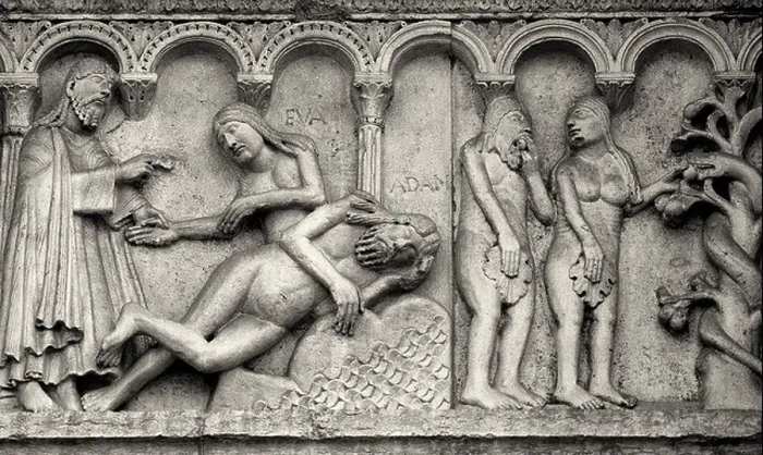 Framed Print : Carving of the Fall of Adam and Eve on the facade of the Cathedral of San Geminiano in Modena, Emilia Romagna, Italy Framed Print : Carving of the Fall of Adam and Eve on the facade of the Cathedral of San Geminiano in Modena, Emilia Romagna, Italy
