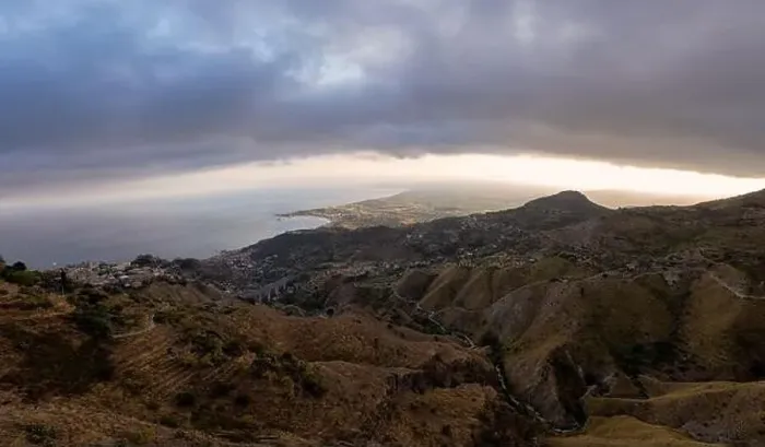 Framed Print : Castelmola aerial view: gulf of Catania and mediterranea sea covered by clouds Framed Print : Castelmola aerial view: gulf of Catania and mediterranea sea covered by clouds