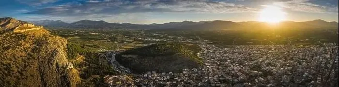 Framed Print : The castle on Larissa Hill, located near the town of Argos, Greece on sunrise light aerial view