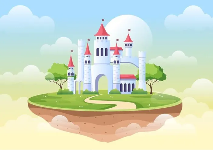 Framed Print : Castle with Prince and Queen Cartoon Illustration Framed Print : Castle with Prince and Queen Cartoon Illustration