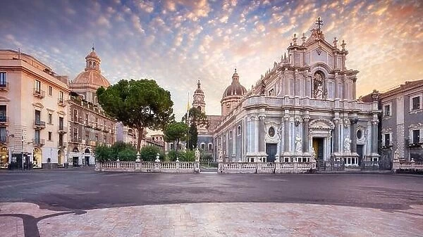 Catania, Sicily, Italy. Cityscape image of Duomo Square in Catania, Sicily with Cathedral of Saint Agatha at sunrise