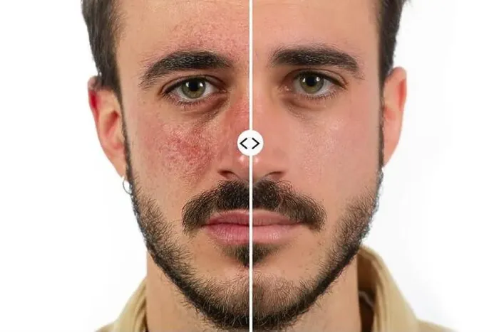 Framed Print : Caucasian male face with red skin rosacea before and after couperose treatment Framed Print : Caucasian male face with red skin rosacea before and after couperose treatment