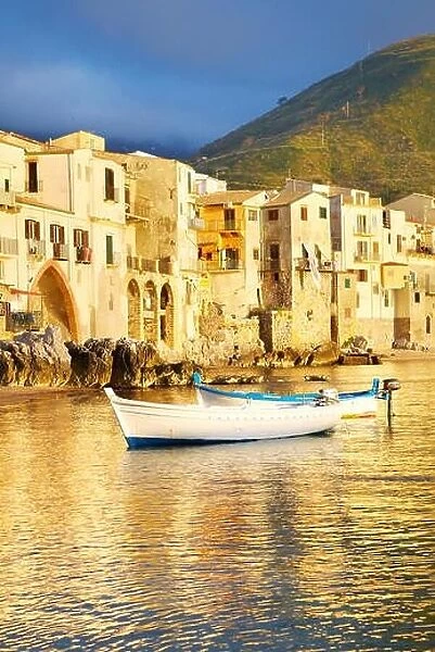 Cefalu medieval houses on the seashore, Cefalu Old Town, Sicily, Italy