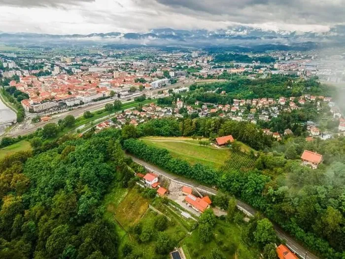 Framed Print : Celje Cityscape In Slovenia Third Largest City. Aerial Drone view Framed Print : Celje Cityscape In Slovenia Third Largest City. Aerial Drone view
