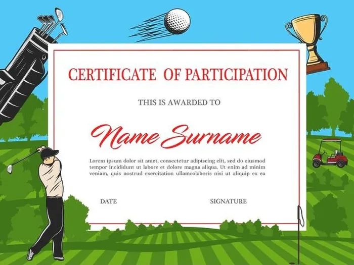 Framed Print : Certificate of participation in golf tournament vector template. Diploma with golfer hitting ball on green field with flag, balls, car and sportsman e Framed Print : Certificate of participation in golf tournament vector template. Diploma with golfer hitting ball on green field with flag, balls, car and sportsman e