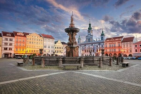 Ceske Budejovice, Czech Republic. Cityscape image of downtown Ceske Budejovice, Czech Republic with Premysl Otakar II Square and Samson Fountain at su