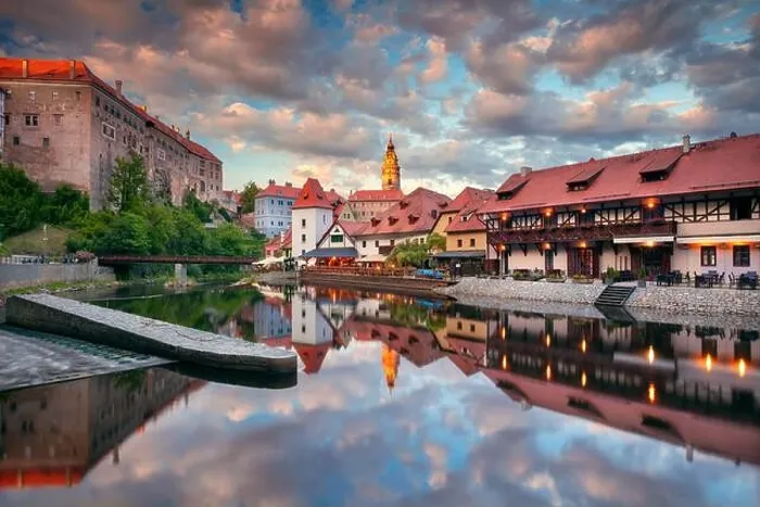 Framed Print : Cesky Krumlov. Cityscape image of downtown Cesky Krumlov, Czech Republic with reflection of the city in Vltava River at summer sunset