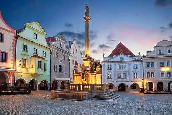 Cesky Krumlov. Cityscape image of main square of Cesky Krumlov with traditional architecture at twilight blue hour