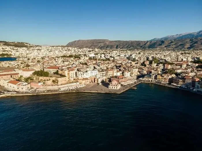 Framed Print : Chania, Greece - May 21, 2021: Aerial top view by drone of Chania city, Crete island, Greece Framed Print : Chania, Greece - May 21, 2021: Aerial top view by drone of Chania city, Crete island, Greece