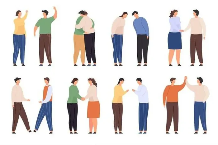 Framed Print : Characters with greeting gestures Framed Print : Characters with greeting gestures