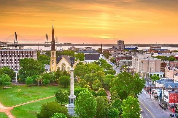 Charleston, South Carolina, USA skyline over Marion Square at dusk