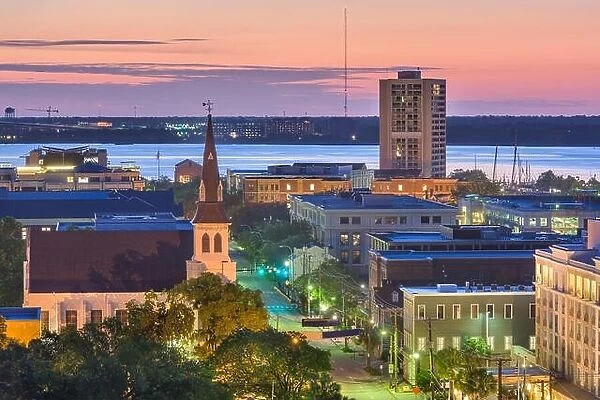 Charleston, South Carolina, USA twilight cityscape view over Calhoun Street