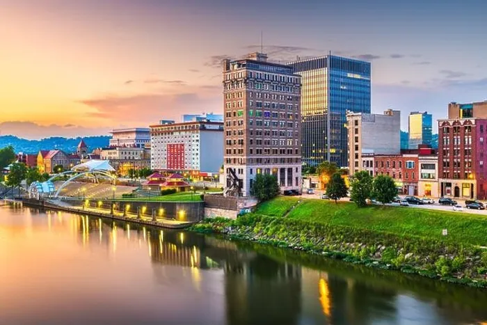 Framed Print : Charleston, West Virginia, USA downtown skyline on the river at dusk