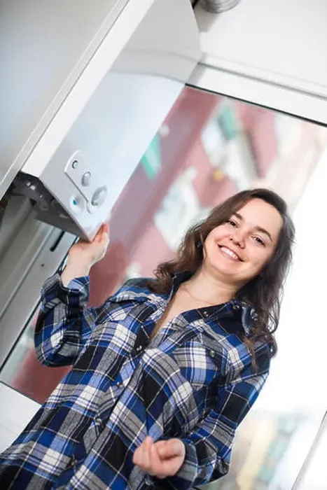 Framed Print : Charming russian adult girl in shirt near boiler control panel Framed Print : Charming russian adult girl in shirt near boiler control panel
