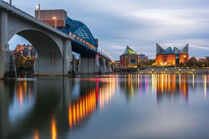 Framed Print : Chattanooga, Tennessee, USA downtown skyline on the Tennessee River at dusk Framed Print : Chattanooga, Tennessee, USA downtown skyline on the Tennessee River at dusk