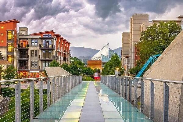 Chattanooga, Tennessee, USA downtown walking path and cityscape at twilight