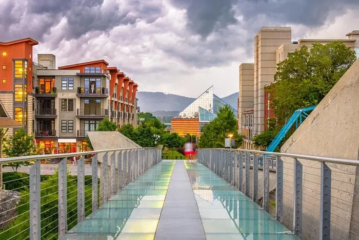 Framed Print : Chattanooga, Tennessee, USA downtown walking path and cityscape at twilight Framed Print : Chattanooga, Tennessee, USA downtown walking path and cityscape at twilight