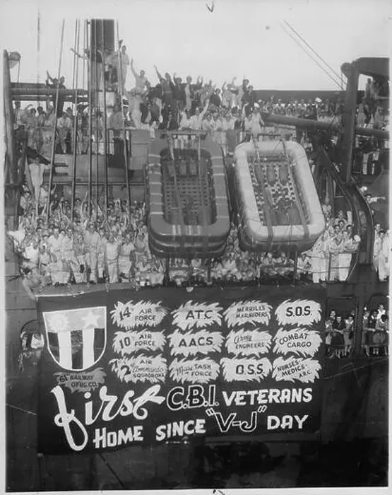 Framed Print : Cheering U.S. veterans of the China-Burma-India campaigns arrive in New York September 27 Framed Print : Cheering U.S. veterans of the China-Burma-India campaigns arrive in New York September 27