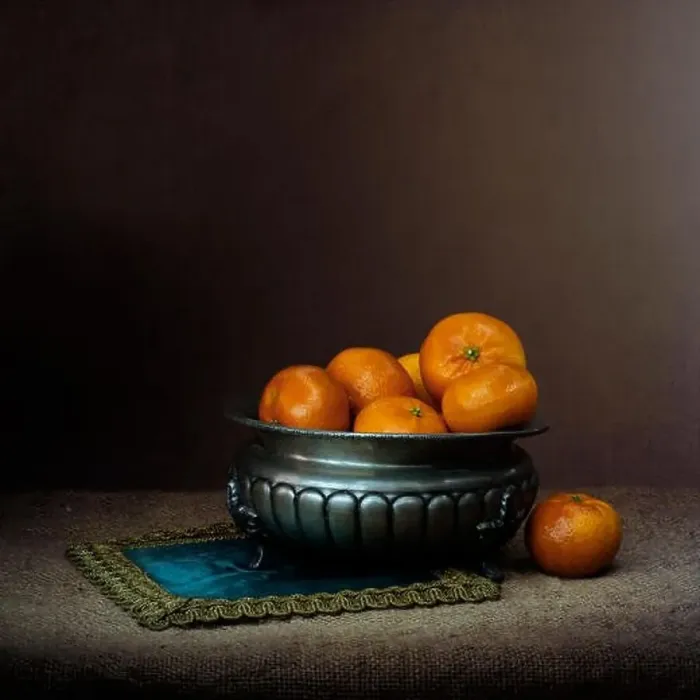 Framed Print : Chiaroscuro style still life with oranges in pewter bowl. Retro Framed Print : Chiaroscuro style still life with oranges in pewter bowl. Retro