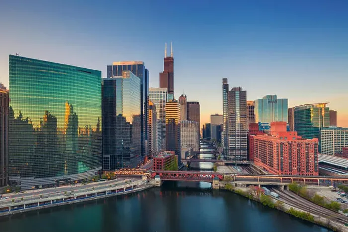 Framed Print : Chicago at dawn. Cityscape image of Chicago downtown at sunrise