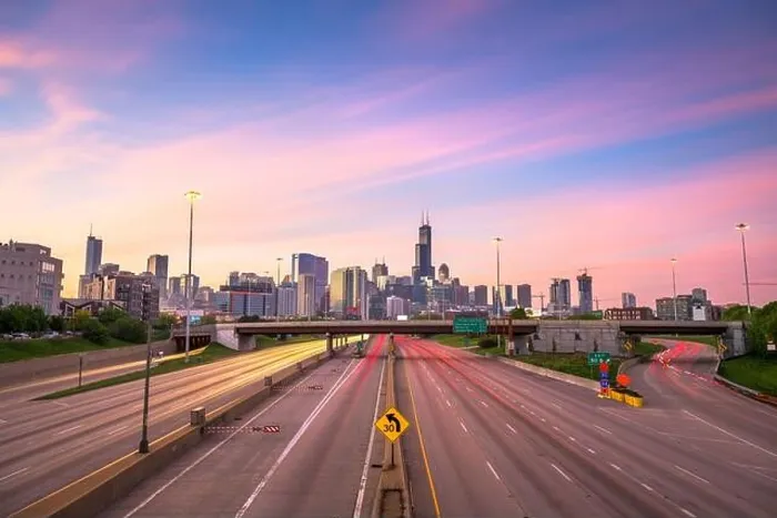 Framed Print : Chicago, IL, USA downtown cityscape highways at dawn