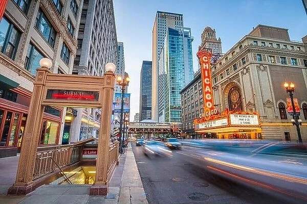 CHICAGO, ILLINOIS - MAY 10, 2018: The landmark Chicago Theatre on State Street at twilight. The historic theater dates from 1921