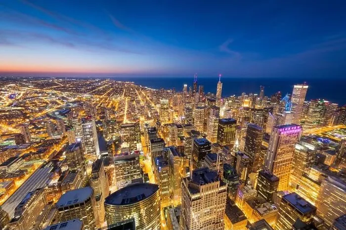 Framed Print : Chicago, Illinois, USA aerial cityscape towards Lake Michigan at dusk Framed Print : Chicago, Illinois, USA aerial cityscape towards Lake Michigan at dusk
