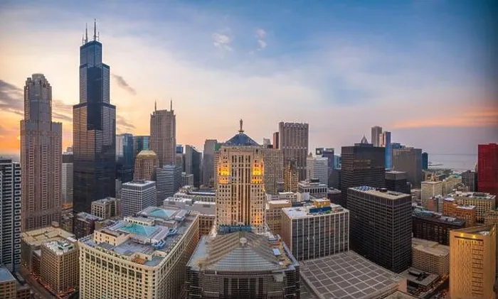 Framed Print : Chicago, Illinois, USA aerial downtown skyline at dusk
