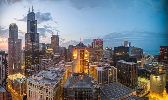Framed Print : Chicago, Illinois, USA aerial downtown skyline at dusk