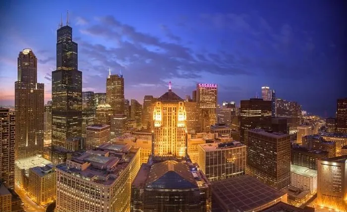 Framed Print : Chicago, Illinois, USA aerial downtown skyline at dusk Framed Print : Chicago, Illinois, USA aerial downtown skyline at dusk