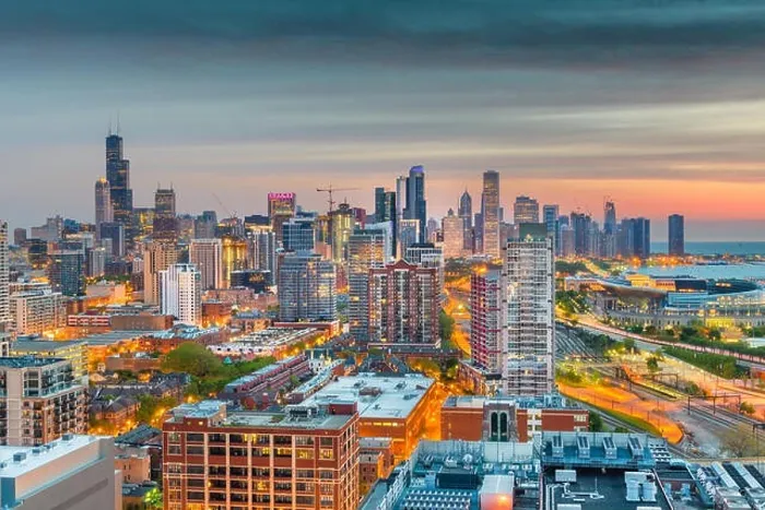 Framed Print : Chicago, Illinois, USA aerial downtown skyline at dusk towards Lake Michigan Framed Print : Chicago, Illinois, USA aerial downtown skyline at dusk towards Lake Michigan