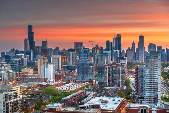 Framed Print : Chicago, Illinois, USA aerial downtown skyline at dusk towards Lake Michigan Framed Print : Chicago, Illinois, USA aerial downtown skyline at dusk towards Lake Michigan