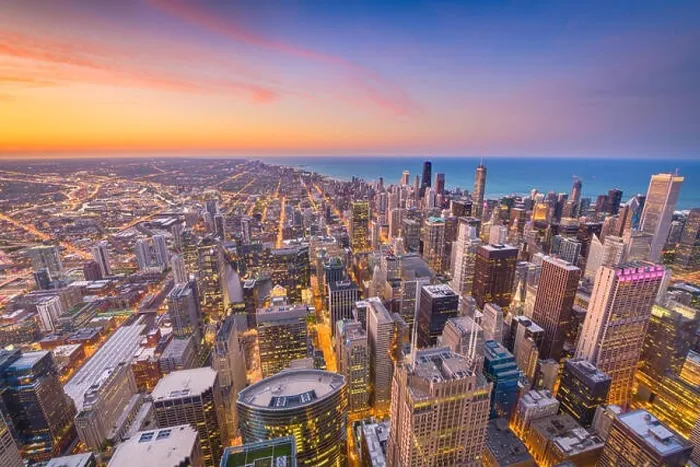 Framed Print : Chicago, Illinois, USA aerial downtown skyline at dusk towards Lake Michigan Framed Print : Chicago, Illinois, USA aerial downtown skyline at dusk towards Lake Michigan