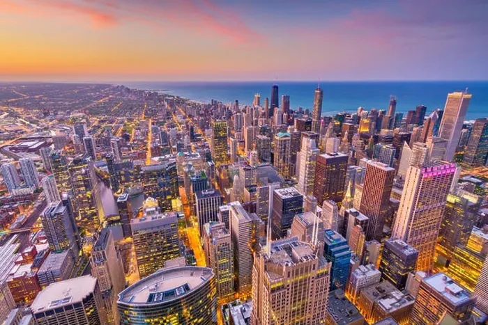 Framed Print : Chicago, Illinois, USA aerial downtown skyline at dusk towards Lake Michigan Framed Print : Chicago, Illinois, USA aerial downtown skyline at dusk towards Lake Michigan