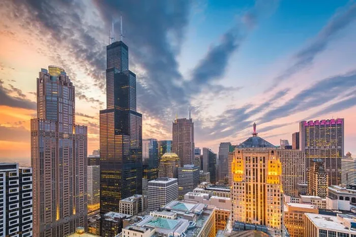Framed Print : Chicago, Illinois, USA aerial downtown skyline at dusk towards Lake Michigan