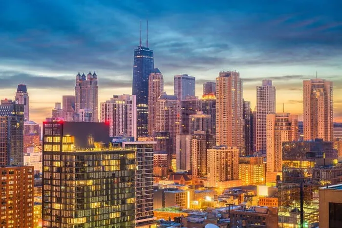 Framed Print : Chicago, Illinois, USA aerial downtown skyline at dusk towards Lake Michigan Framed Print : Chicago, Illinois, USA aerial downtown skyline at dusk towards Lake Michigan