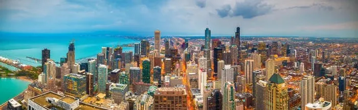 Framed Print : Chicago, Illinois, USA aerial downtown skyline at dusk towards Lake Michigan Framed Print : Chicago, Illinois, USA aerial downtown skyline at dusk towards Lake Michigan
