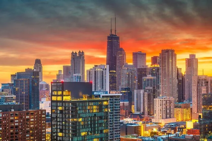 Framed Print : Chicago, Illinois, USA aerial downtown skyline at dusk towards Lake Michigan Framed Print : Chicago, Illinois, USA aerial downtown skyline at dusk towards Lake Michigan