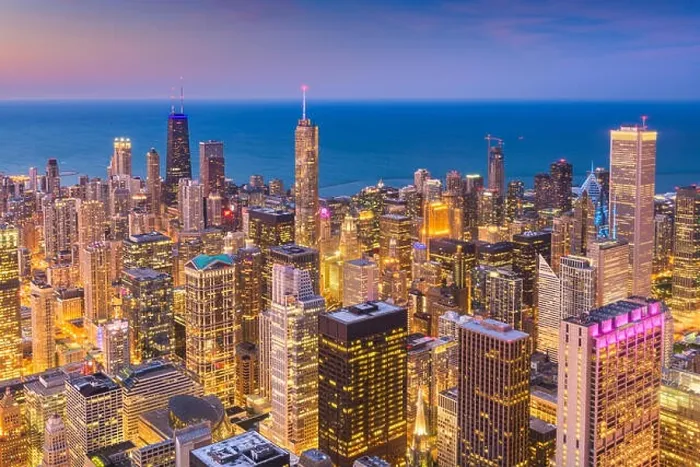 Framed Print : Chicago, Illinois, USA aerial downtown skyline at dusk towards Lake Michigan Framed Print : Chicago, Illinois, USA aerial downtown skyline at dusk towards Lake Michigan