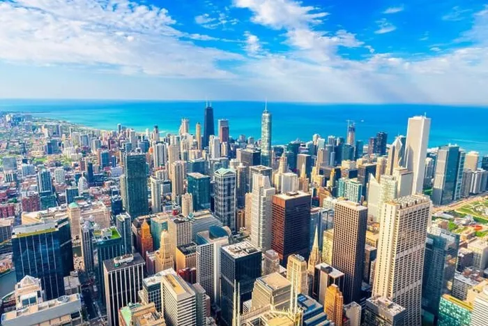 Framed Print : Chicago, Illinois, USA aerial downtown skyline towards Lake Michigan in the afternoon Framed Print : Chicago, Illinois, USA aerial downtown skyline towards Lake Michigan in the afternoon